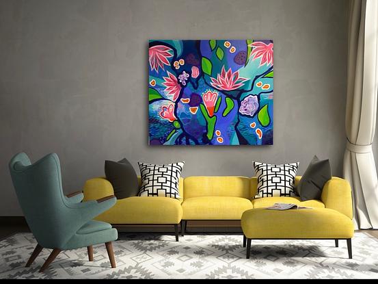 (CreativeWork) Water lilies  by Jon Dorne. Mixed Media. Shop online at Bluethumb.