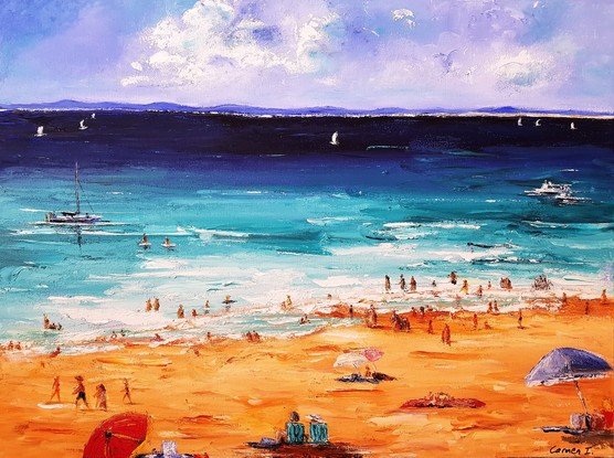 Beach full of people. Some people walking, others swimming, others sitting under colourful  umbrellas. Couple of boats in the water, Strong blue colours on the water. Strong sienna colours on the sand. 