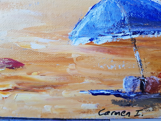 Beach full of people. Some people walking, others swimming, others sitting under colourful  umbrellas. Couple of boats in the water, Strong blue colours on the water. Strong sienna colours on the sand. 