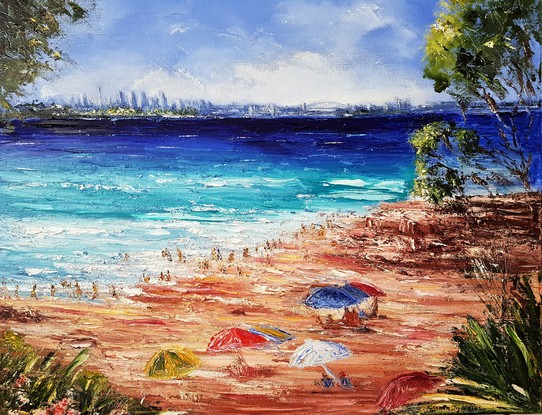 (CreativeWork) Afternoon at Milk Beach by Carmen Iglesias. Oil. Shop online at Bluethumb.