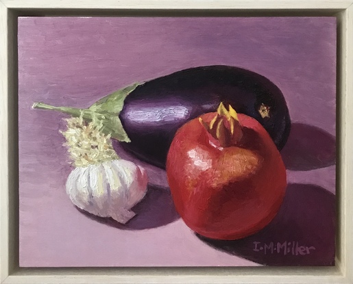 Still life - Aubergine, garlic & pomegranate 