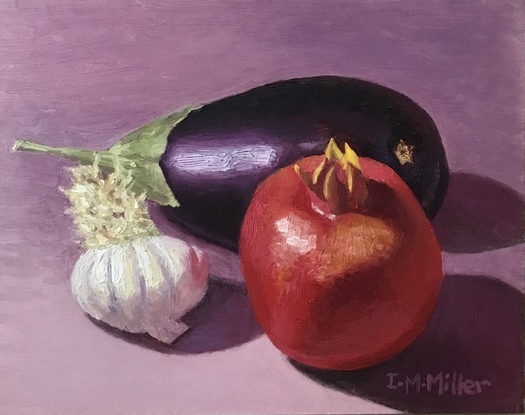 Still life - Aubergine, garlic & pomegranate 