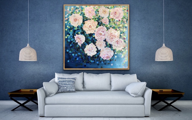 (CreativeWork) On sale Romantic roses 122x122 framed large textured abstract by Sophie Lawrence. Acrylic. Shop online at Bluethumb.