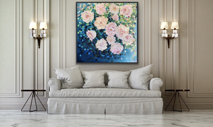 (CreativeWork) On sale Romantic roses 122x122 framed large textured abstract by Sophie Lawrence. Acrylic. Shop online at Bluethumb.