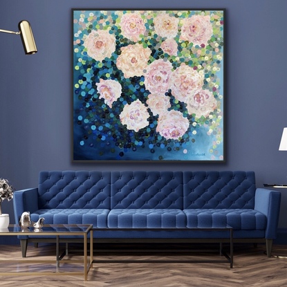 (CreativeWork) On sale Romantic roses 122x122 framed large textured abstract by Sophie Lawrence. Acrylic. Shop online at Bluethumb.