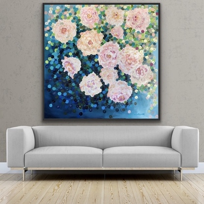 (CreativeWork) On sale Romantic roses 122x122 framed large textured abstract by Sophie Lawrence. Acrylic. Shop online at Bluethumb.