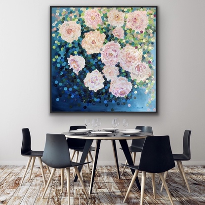 (CreativeWork) On sale Romantic roses 122x122 framed large textured abstract by Sophie Lawrence. Acrylic. Shop online at Bluethumb.