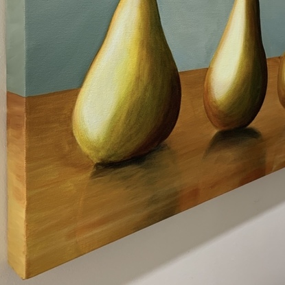 (CreativeWork) Pears in a Row by Hayley Krüger. Acrylic. Shop online at Bluethumb.