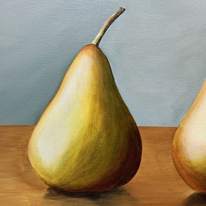 (CreativeWork) Pears in a Row by Hayley Krüger. Acrylic. Shop online at Bluethumb.