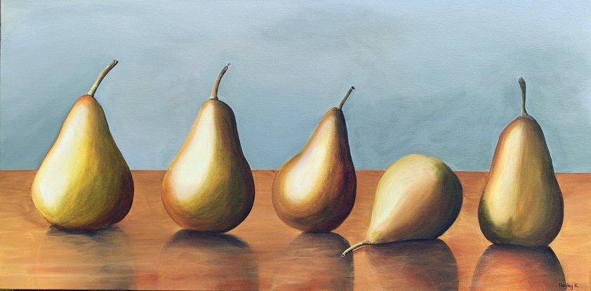 (CreativeWork) Pears in a Row by Hayley Krüger. Acrylic. Shop online at Bluethumb.