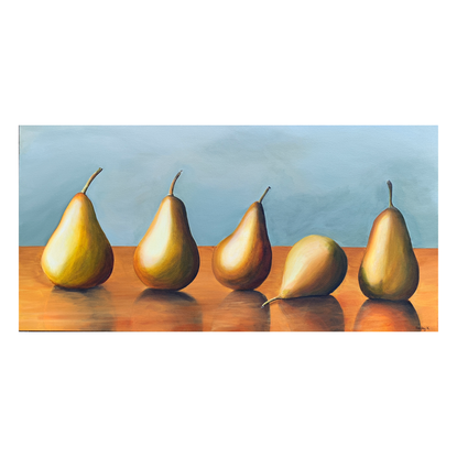 (CreativeWork) Pears in a Row by Hayley Krüger. Acrylic. Shop online at Bluethumb.