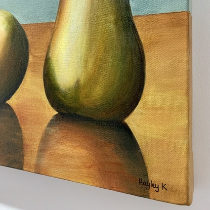 (CreativeWork) Pears in a Row by Hayley Krüger. Acrylic. Shop online at Bluethumb.