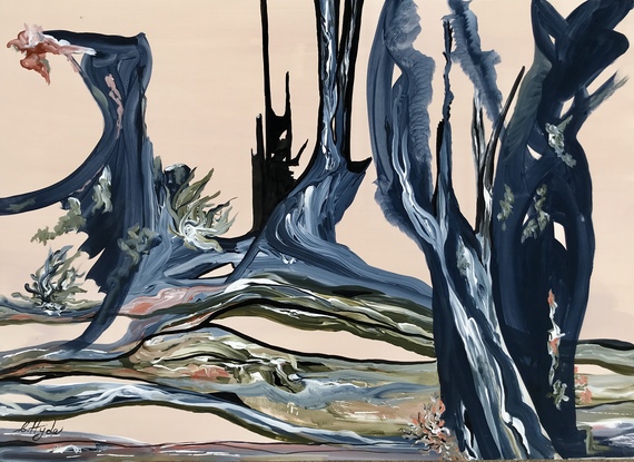 Depiction of devastation following summer bushfires Painted in abstract expressionist style in colours of greys, blues and olive greens on a tinted flesh background.