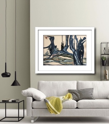 Depiction of devastation following summer bushfires Painted in abstract expressionist style in colours of greys, blues and olive greens on a tinted flesh background.