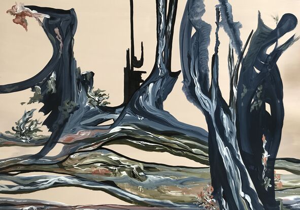 Depiction of devastation following summer bushfires Painted in abstract expressionist style in colours of greys, blues and olive greens on a tinted flesh background.