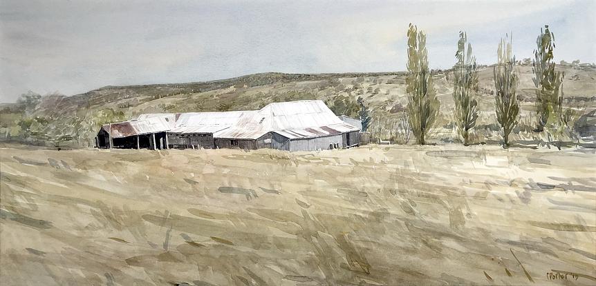 (CreativeWork) Shed from Above  by Christine Porter. Watercolour. Shop online at Bluethumb.