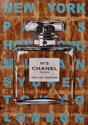 (CreativeWork) Chanel Blue 100cm x 140cm Les Misérables Manuscript Pages on Canvas Chanel Perfume Bottle Urban Pop Art FRANKO by _Franko _. Mixed Media. Shop online at Bluethumb.