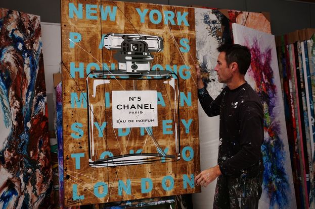 (CreativeWork) Chanel Blue 100cm x 140cm Les Misérables Manuscript Pages on Canvas Chanel Perfume Bottle Urban Pop Art FRANKO by _Franko _. Mixed Media. Shop online at Bluethumb.