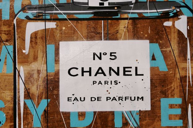 (CreativeWork) Chanel Blue 100cm x 140cm Les Misérables Manuscript Pages on Canvas Chanel Perfume Bottle Urban Pop Art FRANKO by _Franko _. Mixed Media. Shop online at Bluethumb.