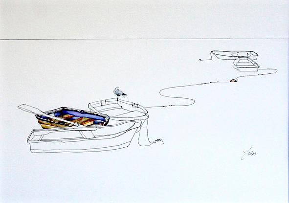 (CreativeWork) Rowing boats 1 by Jules Lawson. Watercolour. Shop online at Bluethumb.