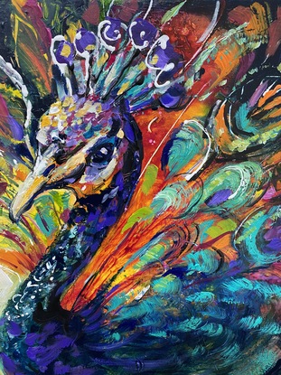 (CreativeWork) COLOURFUL  PEACOCK by Ivana Pinaffo. Acrylic. Shop online at Bluethumb.