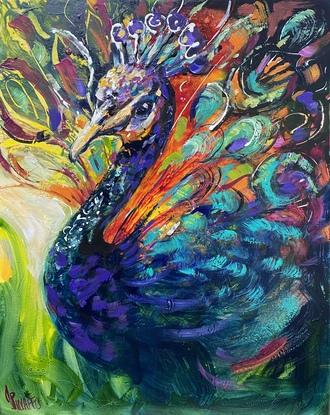 (CreativeWork) COLOURFUL  PEACOCK by Ivana Pinaffo. Acrylic. Shop online at Bluethumb.