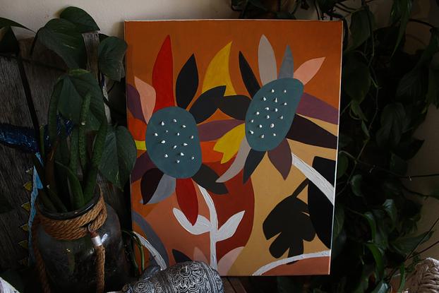 (CreativeWork) Rainbow Daisy by Silvia Lettieri. Acrylic. Shop online at Bluethumb.