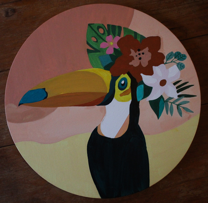 (CreativeWork) Toucan & Flowers by Silvia Lettieri. Acrylic. Shop online at Bluethumb.