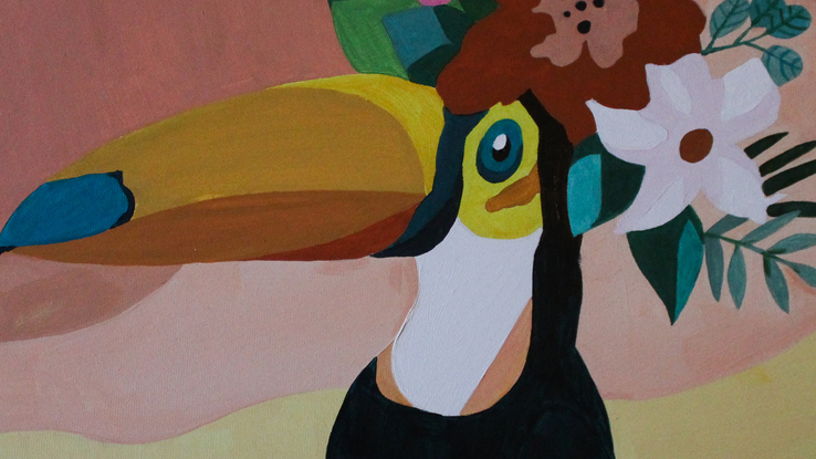 (CreativeWork) Toucan & Flowers by Silvia Lettieri. Acrylic. Shop online at Bluethumb.