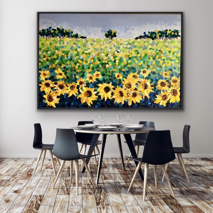 (CreativeWork) Sunflowers for Laura 153x102 framed large textured commission  by Sophie Lawrence. Acrylic. Shop online at Bluethumb.