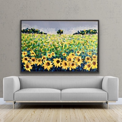 (CreativeWork) Sunflowers for Laura 153x102 framed large textured commission  by Sophie Lawrence. Acrylic. Shop online at Bluethumb.