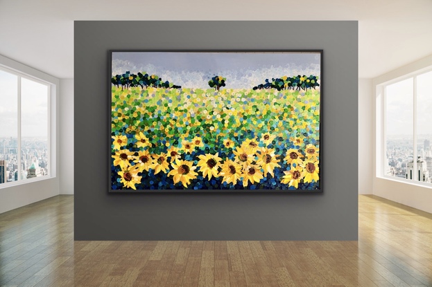 (CreativeWork) Sunflowers for Laura 153x102 framed large textured commission  by Sophie Lawrence. Acrylic. Shop online at Bluethumb.