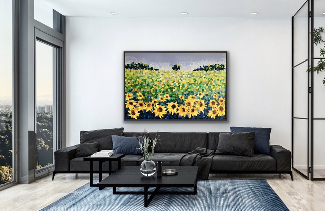 (CreativeWork) Sunflowers for Laura 153x102 framed large textured commission  by Sophie Lawrence. Acrylic. Shop online at Bluethumb.