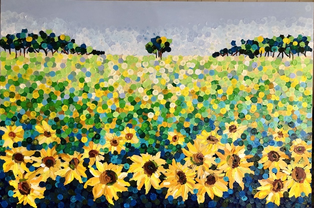 (CreativeWork) Sunflowers for Laura 153x102 framed large textured commission  by Sophie Lawrence. Acrylic. Shop online at Bluethumb.