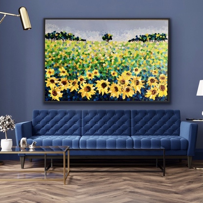 (CreativeWork) Sunflowers for Laura 153x102 framed large textured commission  by Sophie Lawrence. Acrylic. Shop online at Bluethumb.