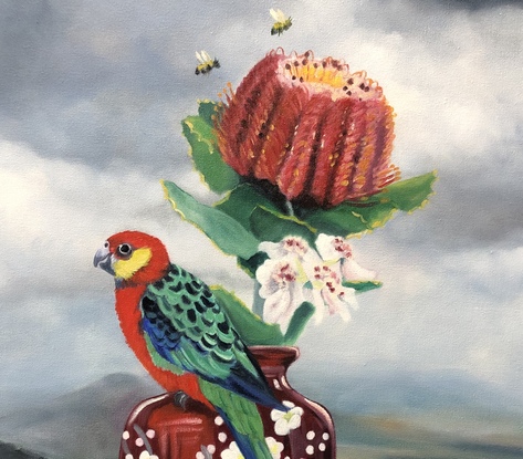 (CreativeWork) Scarlet - Oil on canvas, western Rosella bird, scarlet banksia imaginative realism.  by Mia Laing. Oil. Shop online at Bluethumb.