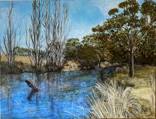 An impressionistic view of the trees, grasses and water  of the Thredbo River. 