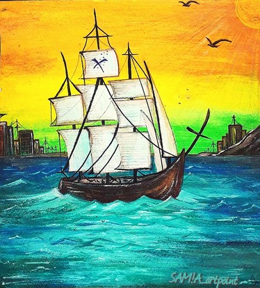 (CreativeWork) ocean ship abstract painting by samia farrukh. Acrylic. Shop online at Bluethumb.