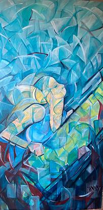 Abstract painting depicting a surfer holding her board bright colours geometric shapes