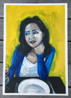 (CreativeWork) Woman in Blue on Yellow  by CAGEY ART. Oil. Shop online at Bluethumb.