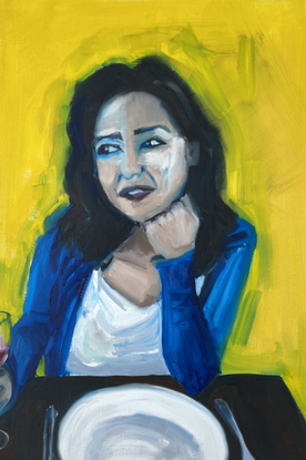 (CreativeWork) Woman in Blue on Yellow  by CAGEY ART. Oil. Shop online at Bluethumb.