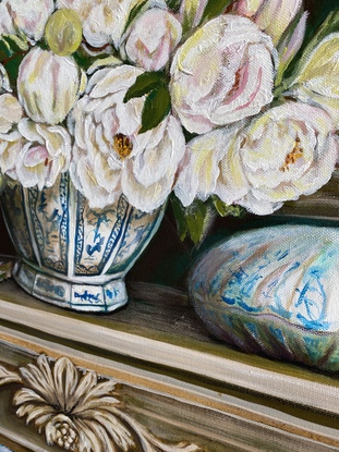 (CreativeWork) Mantle With Blue China by Catherine Mac. Acrylic. Shop online at Bluethumb.