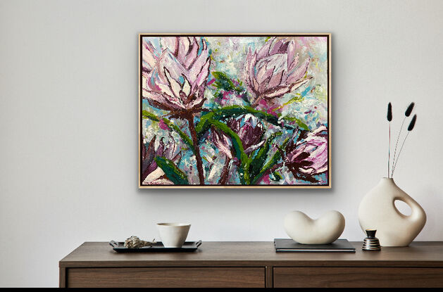 A vibrant energetic display of proteas bursting with life in tones of pinks, burgundy and turquoise. A larger-than-life portrayal of these beautiful protea flowers. I have called this piece Passionate Romance because I think these are the types of flowers that spark a real and lifelong interest in them. They are not the traditional cut glass style of flower or pretty cottage garden flower. To me they are robust and energetic. 

I think they lend themselves to this abstracted strong loose interpretation and I wanted the image of them to be striking rather than shy and delicate. 