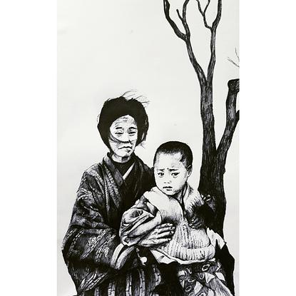 Black and white potraite of mother and child