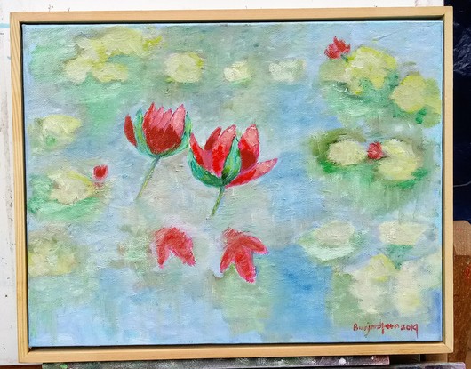 (CreativeWork) Waterlilies with reflections by Gwenda Branjerdporn. Oil. Shop online at Bluethumb.