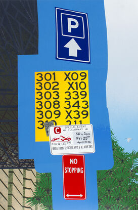 A painting of a collection of signs at a busy intersection in The Rocks, Sydney. The silhouette of the trees and roof awning in the background are filled with patterns referencing the art deco period. While a single bin chicken flies in the distance.