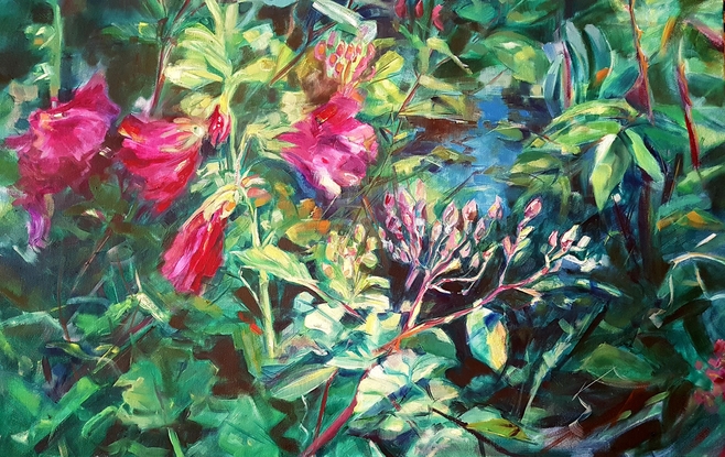 Horizontal painting of  red Hollyhock  flowers and old fashioned rose buds and a blue pond.   In a garden setting with  glimpses of a pond and a dark background