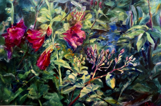 Horizontal painting of  red Hollyhock  flowers and old fashioned rose buds and a blue pond.   In a garden setting with  glimpses of a pond and a dark background