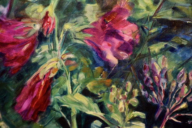 Horizontal painting of  red Hollyhock  flowers and old fashioned rose buds and a blue pond.   In a garden setting with  glimpses of a pond and a dark background