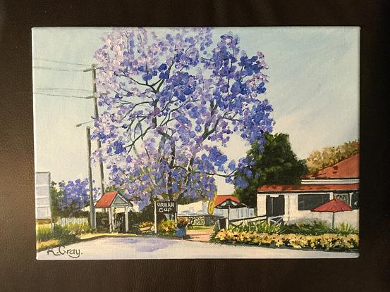 local scene of cafe with jacaranda tree